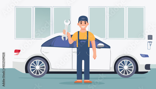 a mechanic with a wrench stands near a damaged car in service center, vector illustration