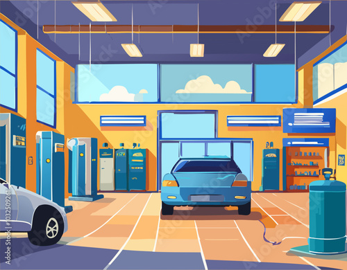 Tire repair shop, blue car inside of building for a car to keep. Garage background