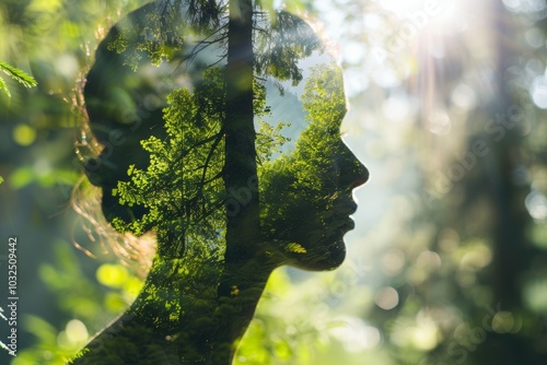 double exposure of a woman profile and a forest, blending nature with human form. Perfect for eco friendly or mindfulness campaigns, promoting harmony and inner peace.