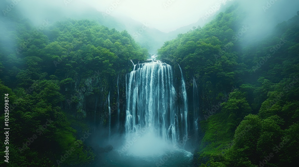 Lush Green Forest Waterfall with Mist Lush Green Forest Waterfall with Mist