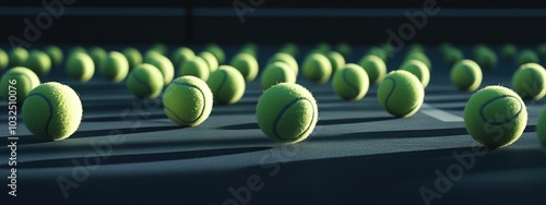 Uniform tennis balls aligned on a vibrant court surface, showcasing order and precision in a sports setting