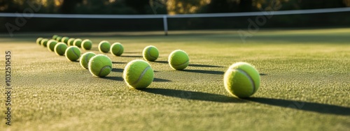 Identical tennis balls aligned on a court, vibrant green color, inviting play, emphasizing uniformity and sport readiness. photo