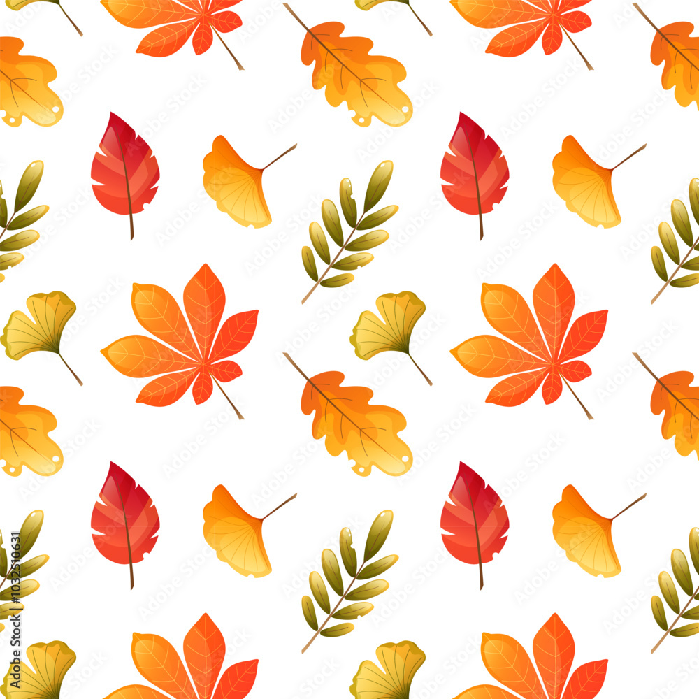 Obraz premium Seamless pattern with bright multicolored autumn leaves. Maple, oak, birch, rowan, yellow, red orange leaf. Seamless pattern on a white background for autumn designs, fabrics, textiles, wrapping paper