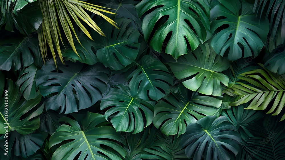 Monstera leaves, lush green foliage background Monstera leaves, lush green foliage background