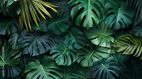 Monstera leaves, lush green foliage background