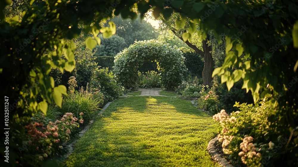 Naklejka premium A serene garden pathway framed by lush greenery and blooming flowers in soft sunlight.