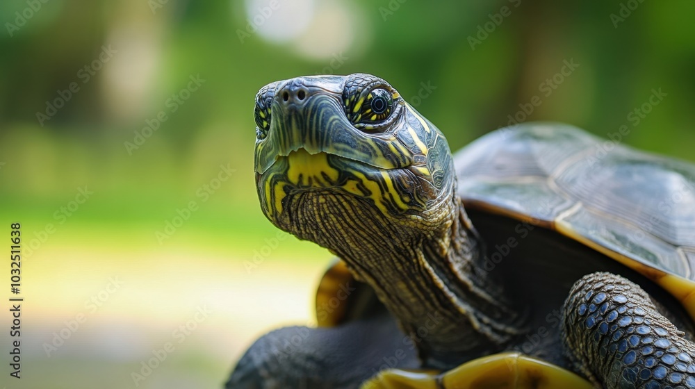 Obraz premium turtle with a friendly expression sitting against a green park background in natural daylight stock minimalist photo