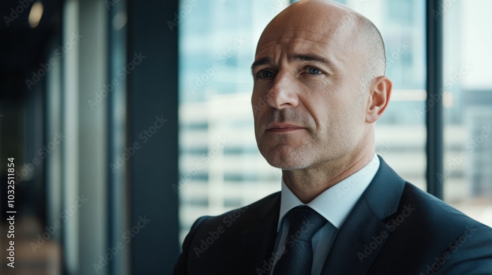 Bald man in a dark suit and tie, attentively listening during a business meeting, modern office setting with large windows Bald man in a dark suit and tie, attentively listening during a business meeting, modern office setting with large windows