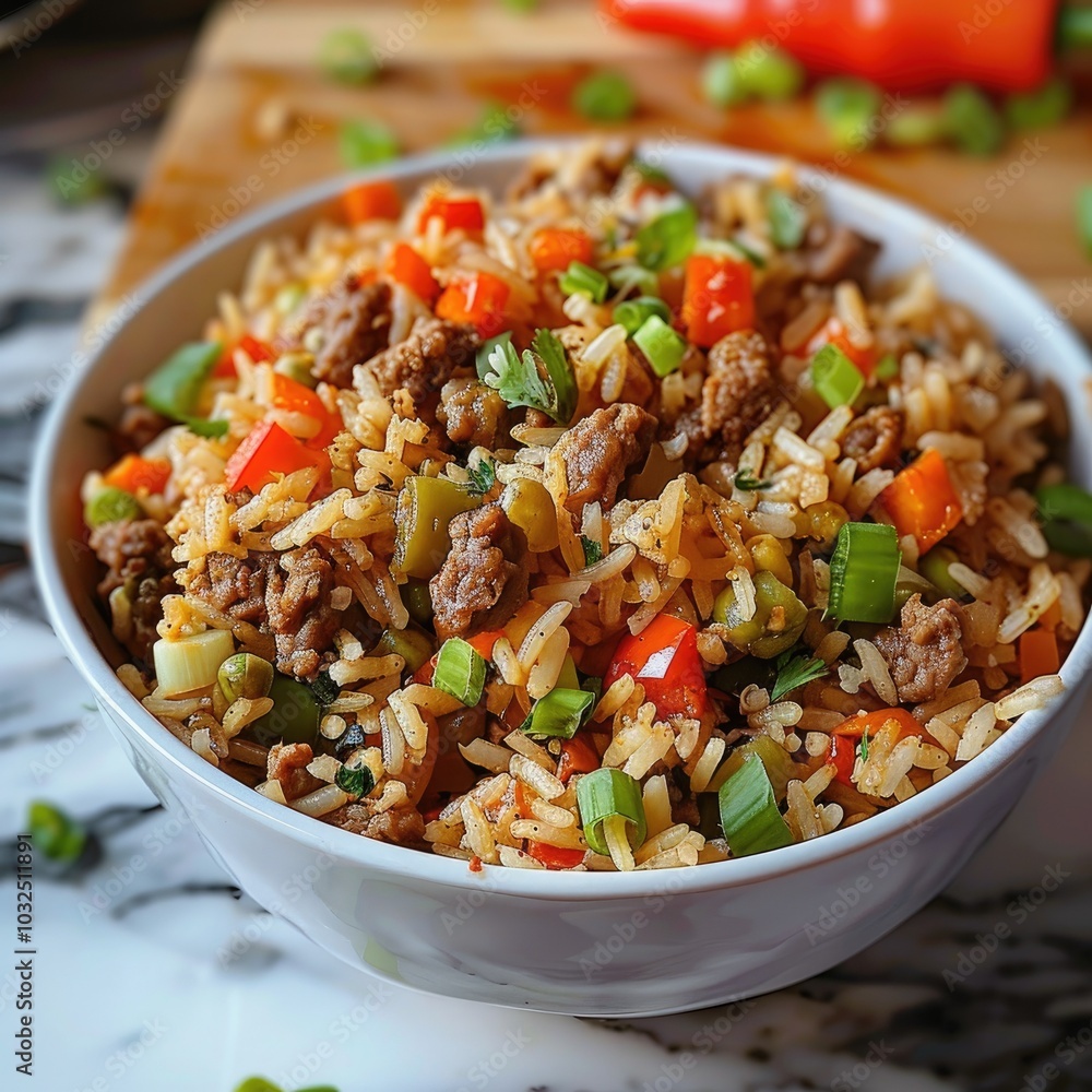 White Bowl of Rice with Ground Meat, Green Onions, Peppers and Peas White Bowl of Rice with Ground Meat, Green Onions, Peppers and Peas