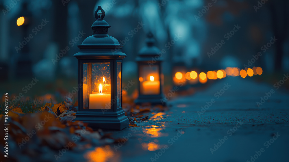 Glass lanterns with candles on cemetery close-up Glass lanterns with candles on cemetery close-up