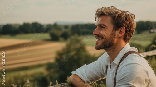 Man in a white shirt and suspenders, smiling while leaning on a fence overlooking a rural landscape with fields and trees blurred in the background