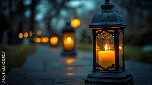 Depth of Field Shot of Candles in Cemetery Lanterns