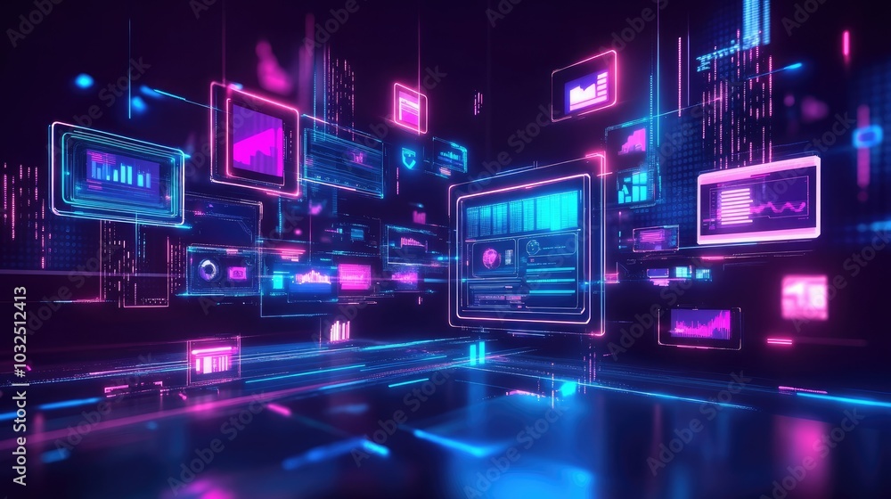 Abstract Digital Interface with Glowing Neon Screens and Data Abstract Digital Interface with Glowing Neon Screens and Data