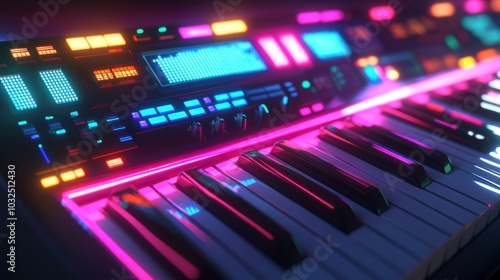 A vibrant synthesizer with illuminated keys and controls, designed for music production.