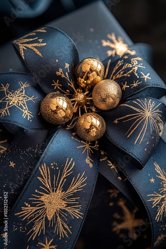 Elegant blue fabric adorned with golden stars and decorative balls captured i...