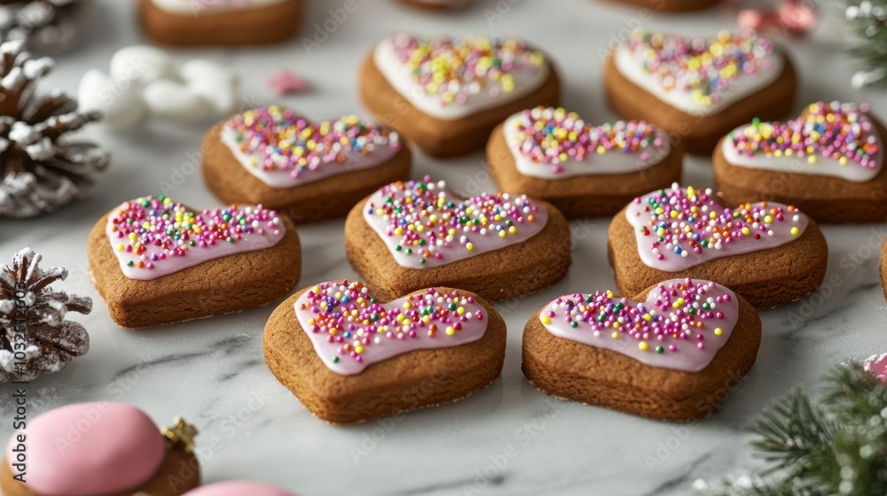 A beautifully arranged display of handcrafted heart-shaped gingerbread cookies, intricately decorated with colorful icing and sprinkles. A beautifully arranged display of handcrafted heart-shaped gingerbread cookies, intricately decorated with colorful icing and sprinkles.