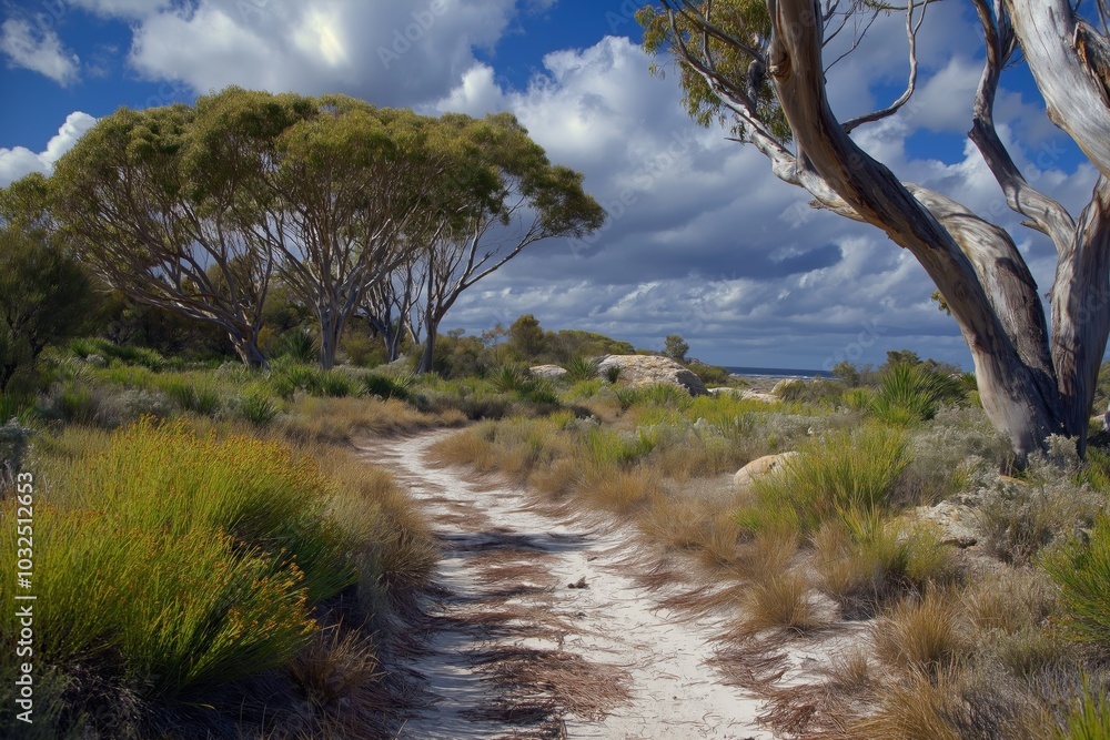 Obraz premium A path through a forest with a cloudy sky in the background. The trees are tall and the path is made of dirt