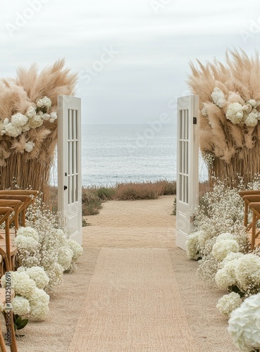 Elegant beachside wedding setup with floral decorations, wooden chairs, and a...