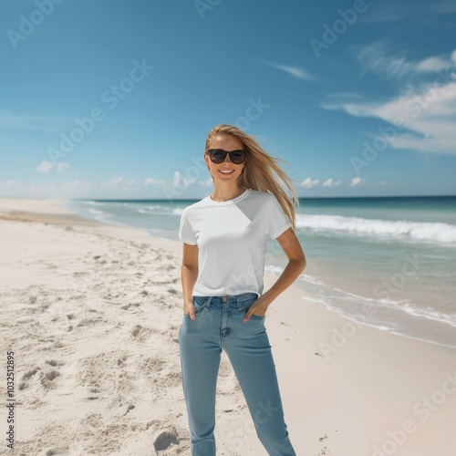 Woman in White T-shirt and Jeans on Sandy Beach