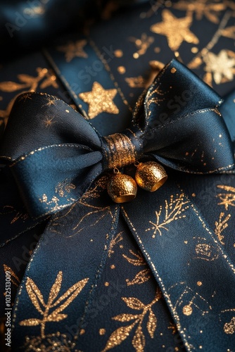 Elegant blue fabric adorned with golden stars and decorative balls captured i...