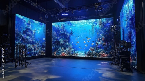 Studio Set with Large LED Screens Displaying Underwater Scene