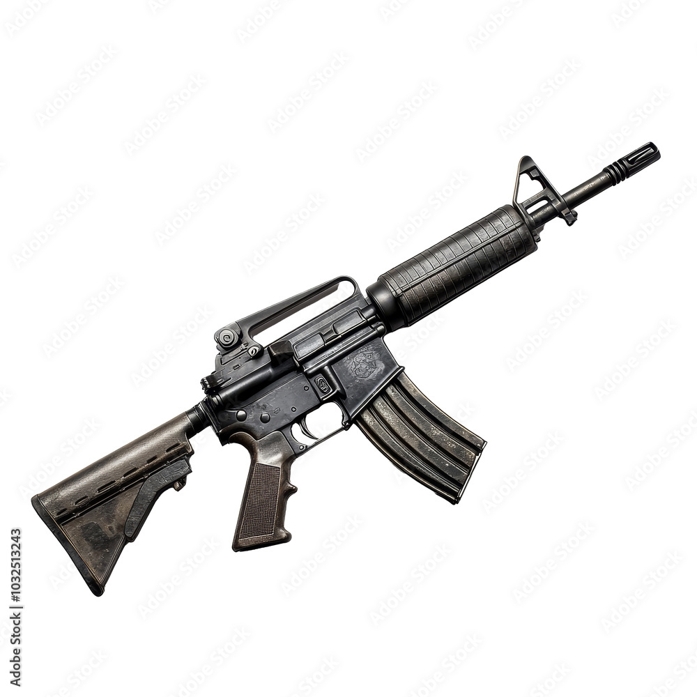 An assault rifle displayed on a transparent background showcasing intricate details of its design and structure, M4A1 Assault Rifle on transparent background