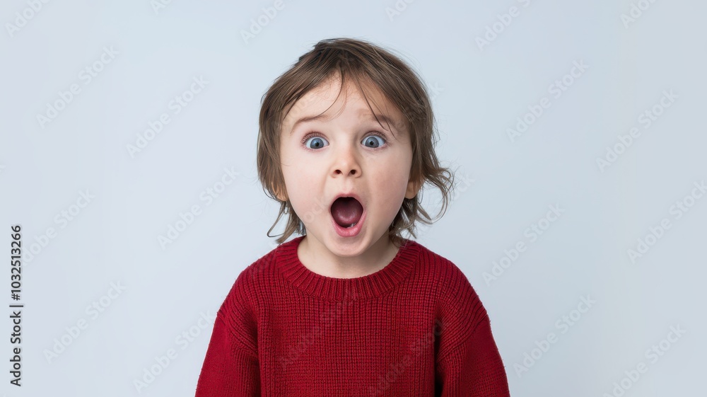Surprised toddler in red sweater with wide open mouth
Surprised toddler in red sweater with wide open mouth