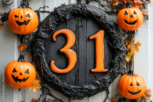 Halloween-themed door decoration with pumpkins and the number 31, surrounded by spiderwebs and fall leaves, perfect for spooky home decor or Halloween promotions. Ideal for autumn and festive marketin photo