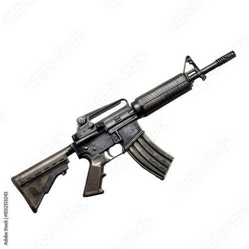 Obraz na płótnie An assault rifle displayed on a transparent background showcasing intricate details of its design and structure, M4A1 Assault Rifle on transparent background w salonie