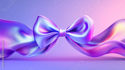 A glossy, iridescent 3D bow with a smooth, flowing ribbon in shades of purple, blue, and pink. The design is set against a soft gradient background and features a modern and elegant style.
