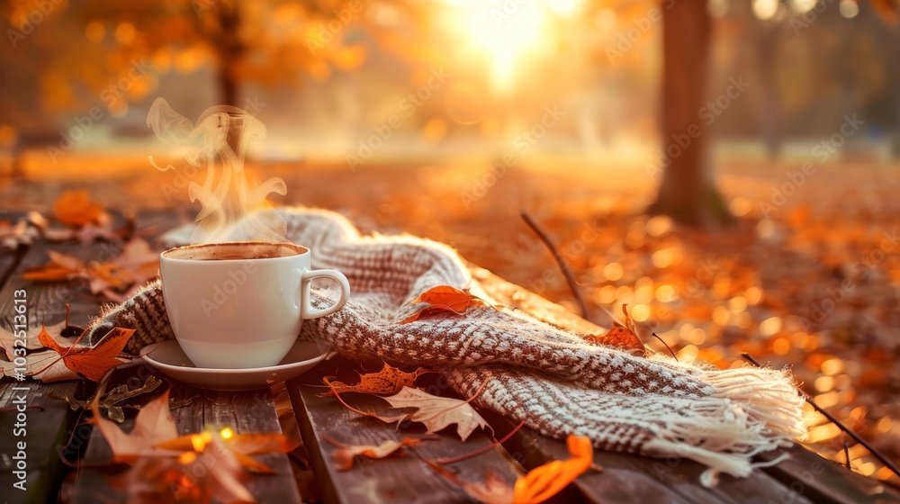 Cozy Autumn Coffee on Park Bench with Leaves and Warm Scarf at Golden Hour Cozy Autumn Coffee on Park Bench with Leaves and Warm Scarf at Golden Hour