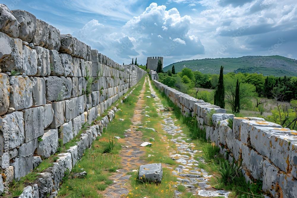 Fototapeta premium Scenic Pathway Along Ancient Stone Walls Under a Dramatic Sky