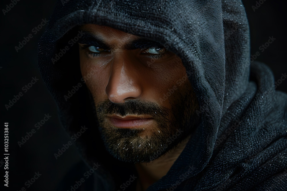 Intense Gaze of a Mysterious Figure in a Dark Hooded Cloak Intense Gaze of a Mysterious Figure in a Dark Hooded Cloak