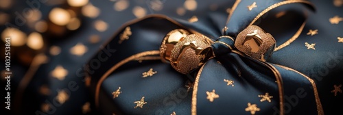 Beautifully wrapped blue gift box with gold stars and bells on a festive back...