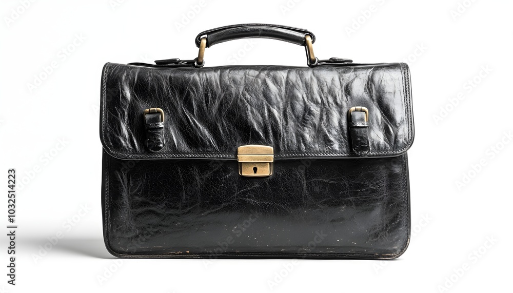 A black leather briefcase, isolated on a white background, with polished buckles and clean edges A black leather briefcase, isolated on a white background, with polished buckles and clean edges