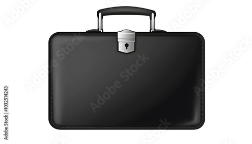 A black leather briefcase, isolated on a white background, with polished buckles and clean edges