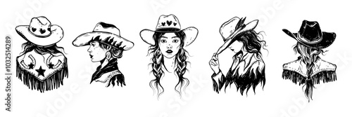 Cowgirl illustration set, vector western woman portrait, hand drawn Texas girl traditional hat. American retro ranch female character, country music vintage lady engraving style. Cowgirl portrait