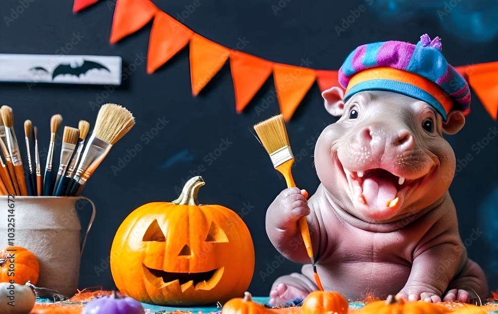 Fototapeta premium Artistic Hippo Halloween: A cheerful hippopotamus artist in a beret, holding a paintbrush, poses beside a carved pumpkin. Perfect for Halloween and autumn themes.