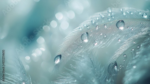 Raindrops glisten on a delicate feather resting on a soft surface in a serene...