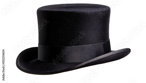 A classic black top hat, isolated on a white background, with a satin ribbon around the base and a subtle shadow