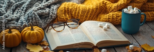 Cozy autumn setting with pumpkins, a book, and hot cocoa on a warm knitted bl...