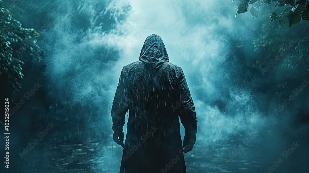 Silhouette of a Person in a Hooded Raincoat Standing in a Foggy Forest Silhouette of a Person in a Hooded Raincoat Standing in a Foggy Forest