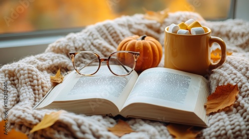 Cozy autumn afternoon with a book, blanket, and hot drink near a window photo