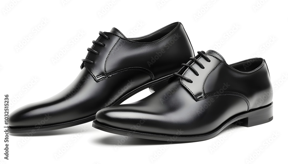 A pair of black leather dress shoes, isolated on a white background, with a polished surface and visible stitching A pair of black leather dress shoes, isolated on a white background, with a polished surface and visible stitching