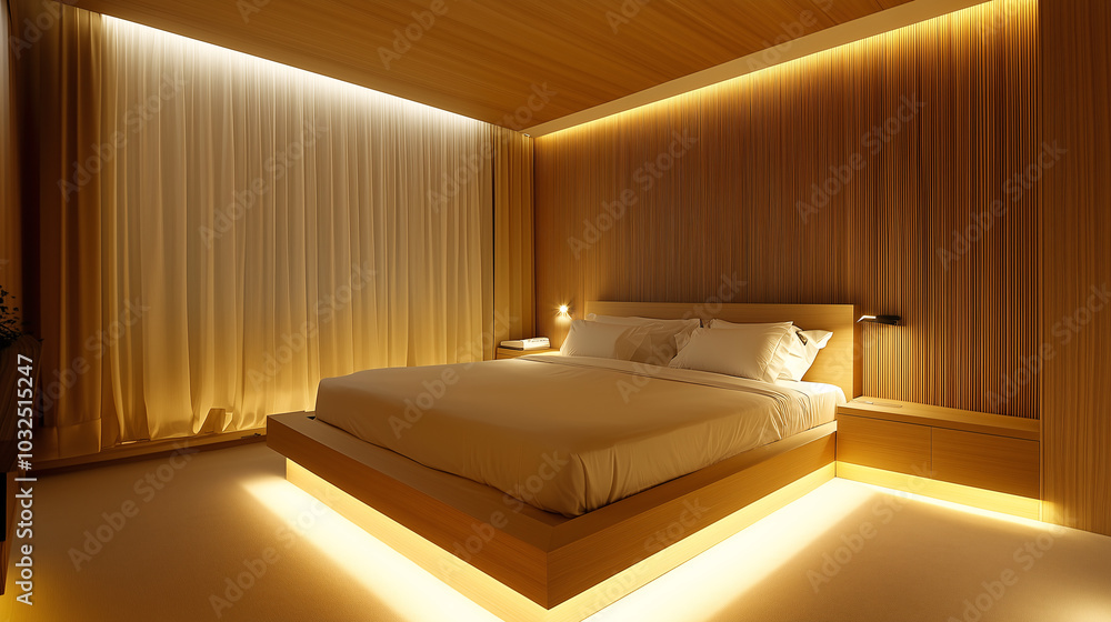 Modern minimalist bedroom with soft beige tones, a low-profile wooden bed frame, and soft ambient lighting Modern minimalist bedroom with soft beige tones, a low-profile wooden bed frame, and soft ambient lighting