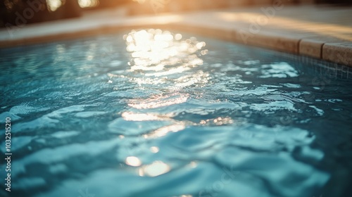 Clear blue water glistening in the evening sun beside a tranquil swimming pool