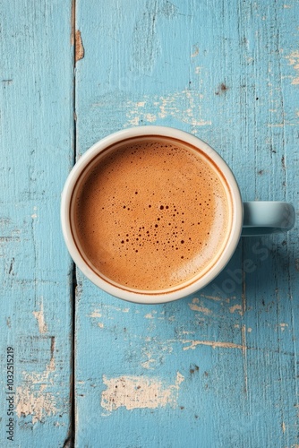 A close up of a steaming cup of coffee on a rustic blue wooden table in the m...