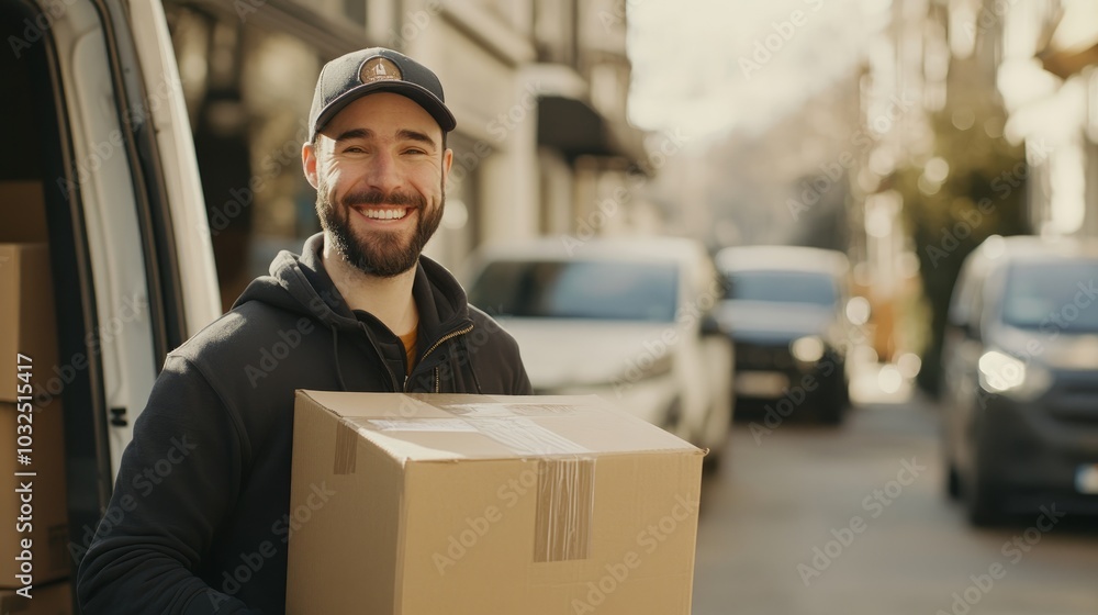 A smiling delivery person holding a package outside a van on a sunny street. A smiling delivery person holding a package outside a van on a sunny street.