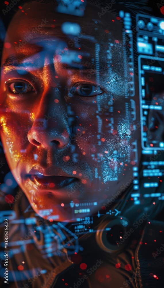 Fototapeta premium Tense Military Officer Analyzing Critical Data on Digital Interface