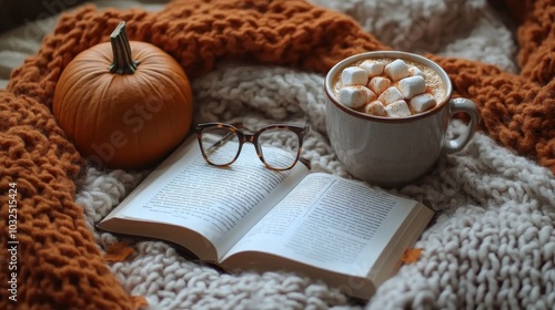 Cozy autumn afternoon with a book, blanket, and hot drink near a window